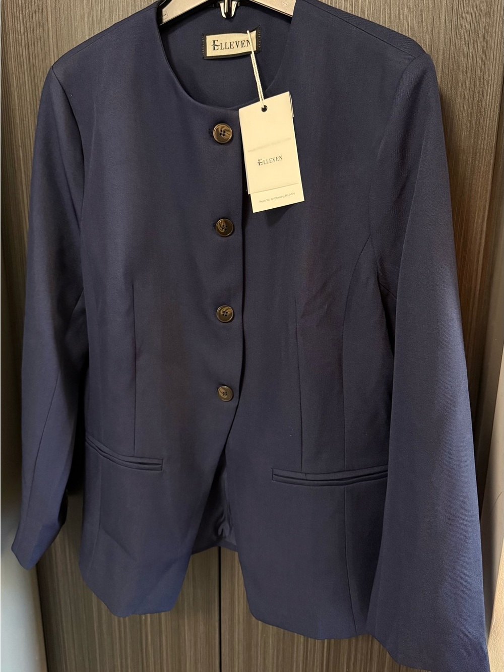NWT ELLEVEN Navy Blue Collarless Blazer Jacket Size L E242
